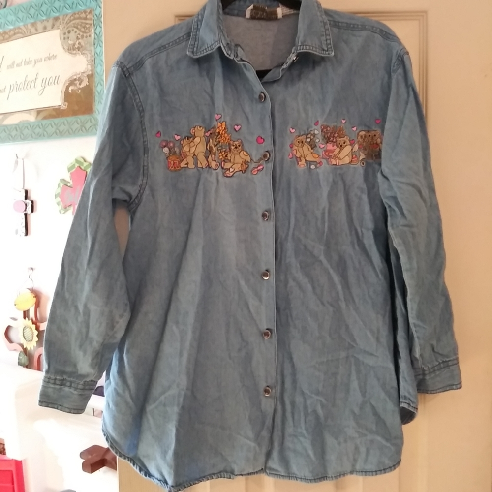 Oh Mamma Women's Vintage Maternity Embroidered Denim Top Bears hearts Size M